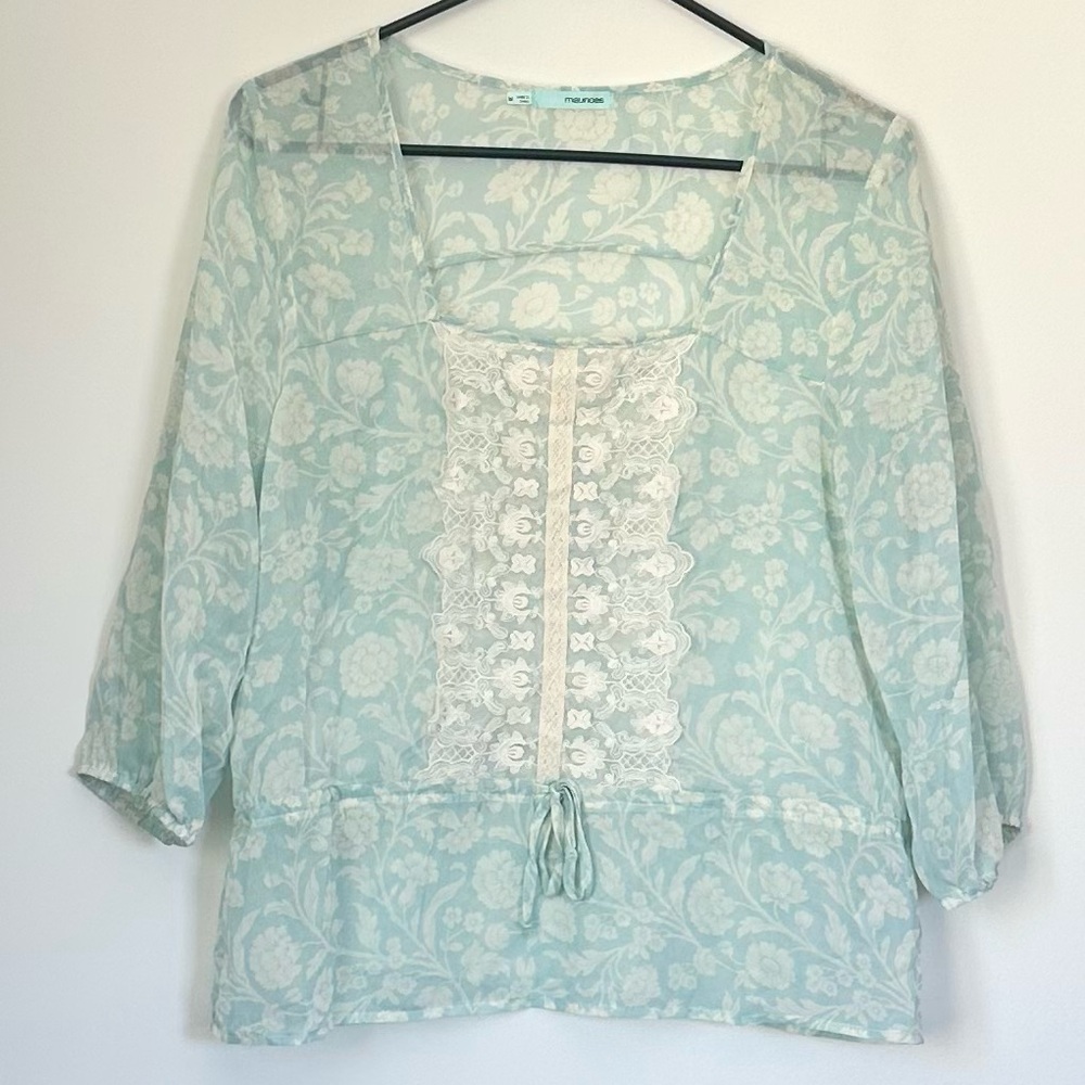 Maurices Sheer Light Blue Floral Lace Blouse - Size: Medium